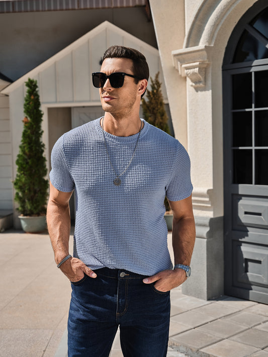 Men's Casual T-Shirt Short Sleeve Crew Neck See Through Soft Knit Tee Shirts Summer Beach Mesh Waffle Textured Tops