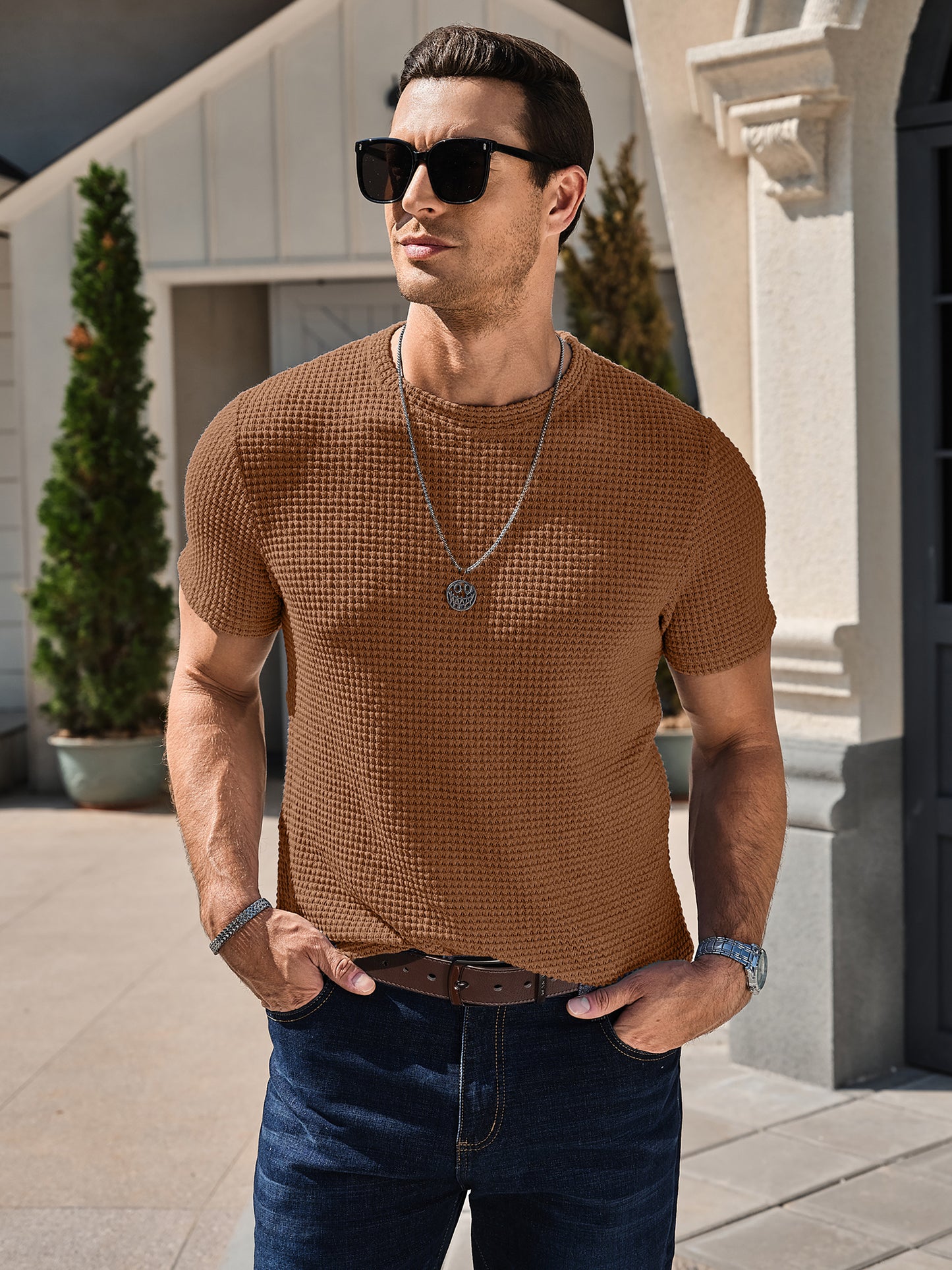 Men's Casual T-Shirt Short Sleeve Crew Neck See Through Soft Knit Tee Shirts Summer Beach Mesh Waffle Textured Tops