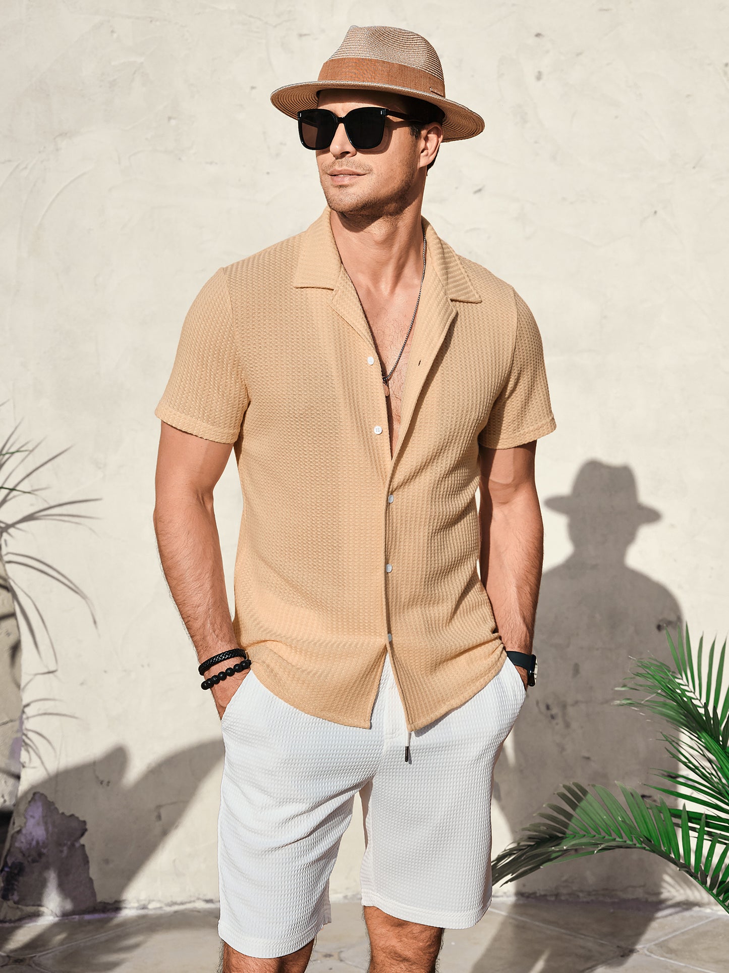 Men's Knit Polo Shirts Button Down Short Sleeve Casual Summer Beach Vintage Waffle Shirts for Men